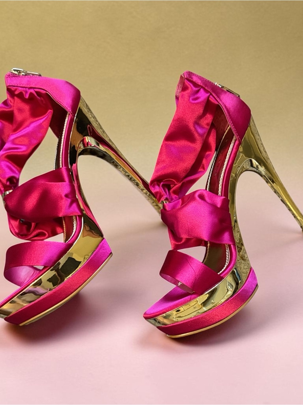 Hot Pink Satin High Heel with Gold Platform